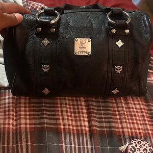 MCM Black Leather Studded Duffel with Silver Plaque